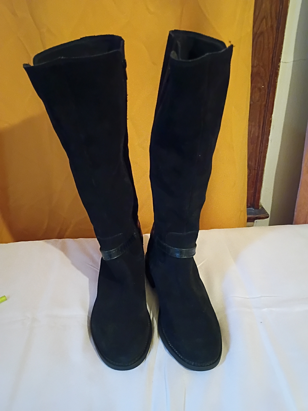 Clarks Black Knee-High Suede Boots with Strap Detail